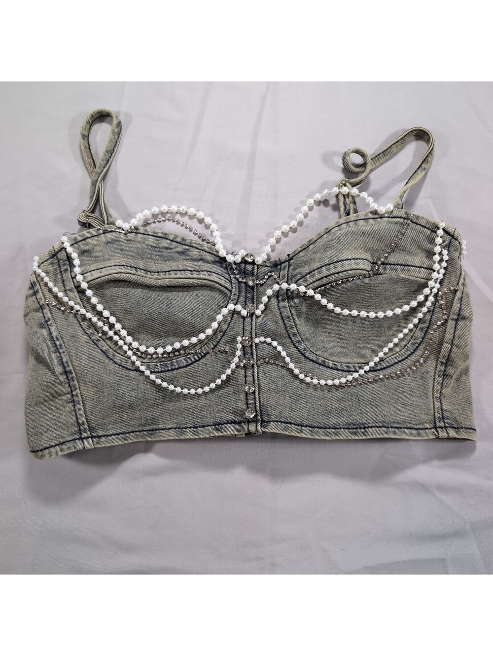 Hot & Delicious Pearl & Rhinestone Embellished Denim Bustier Crop Top - Size S